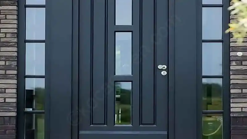 Kocaeli PEN tarafından uygulanan, antrasit renkli, geniş camlı, alüminyum giriş kapısı.