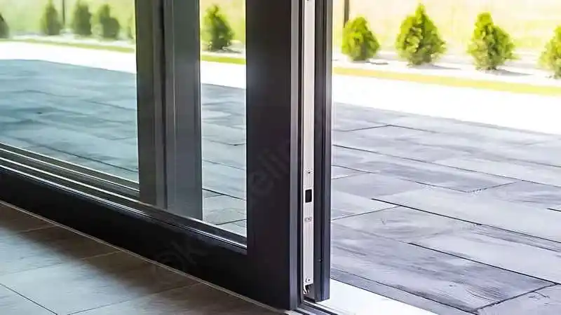 Kocaeli PEN tarafından uygulanan, antrasit renkli, geniş camlı, alüminyum giriş kapısı.