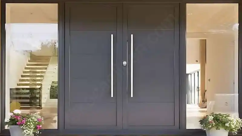 Kocaeli PEN tarafından uygulanan, antrasit renkli, geniş camlı, alüminyum giriş kapısı.