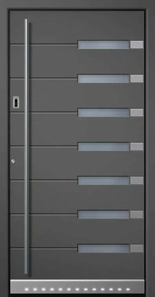 Kocaeli'de modern bir apartman dairesi için Kocaeli PEN tarafından montajı yapılmış, antrasit renkli, aynalı ve çelik rozetli lüks çelik kapı