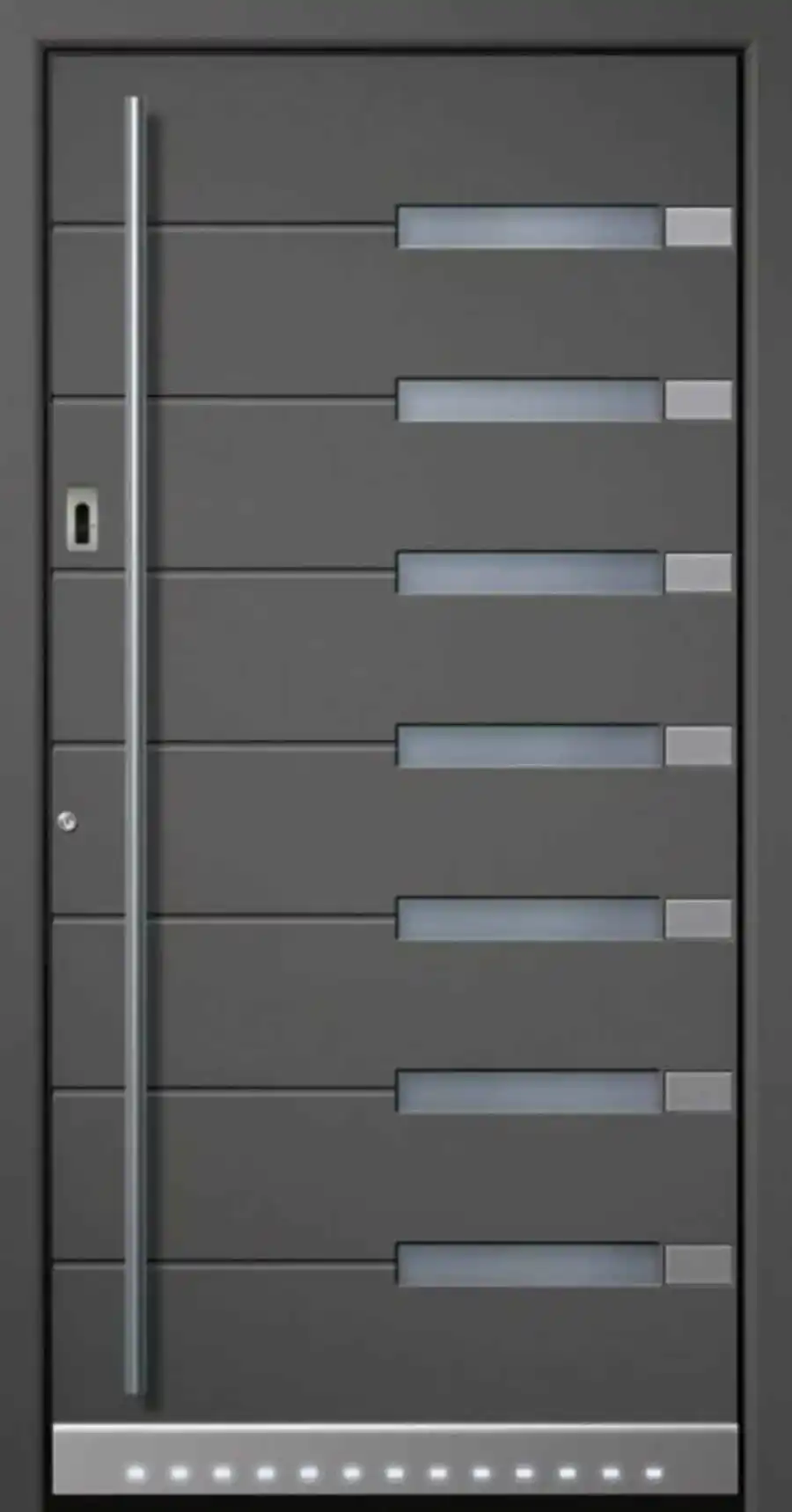 Kocaeli'de modern bir apartman dairesi için Kocaeli PEN tarafından montajı yapılmış, antrasit renkli, aynalı ve çelik rozetli lüks çelik kapı