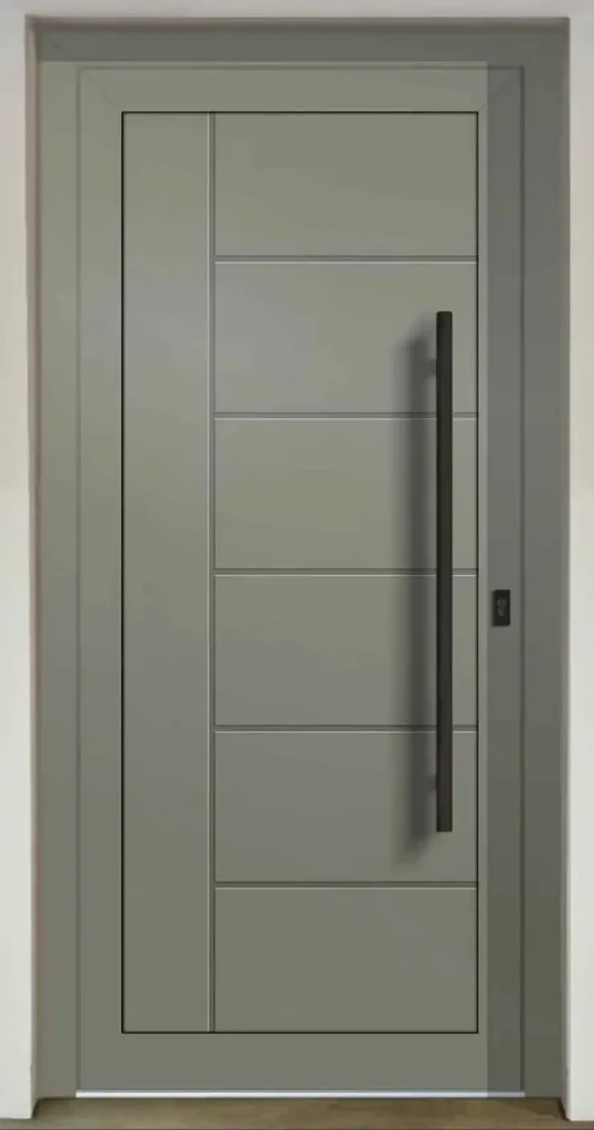 Kocaeli'de modern bir apartman dairesi için Kocaeli PEN tarafından montajı yapılmış, antrasit renkli, aynalı ve çelik rozetli lüks çelik kapı