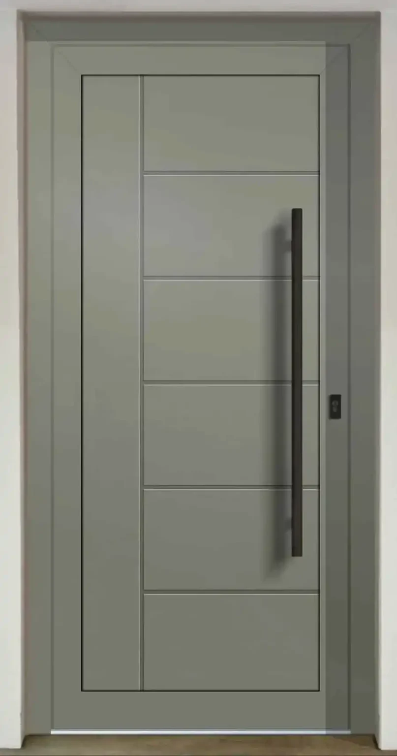 Kocaeli'de modern bir apartman dairesi için Kocaeli PEN tarafından montajı yapılmış, antrasit renkli, aynalı ve çelik rozetli lüks çelik kapı