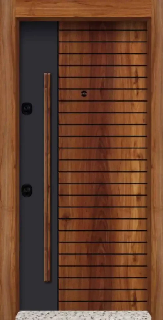 Kocaeli'de modern bir apartman dairesi için Kocaeli PEN tarafından montajı yapılmış, antrasit renkli, aynalı ve çelik rozetli lüks çelik kapı