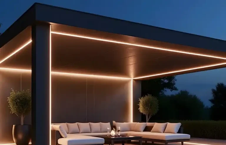Kocaeli uzaktan kumandalı, LED aydınlatmalı, açılır-kapanır tavanlı modern pergola tente sistemi.