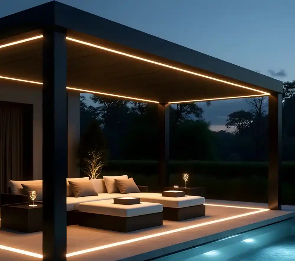 Kocaeli uzaktan kumandalı, LED aydınlatmalı, açılır-kapanır tavanlı modern pergola tente sistemi.