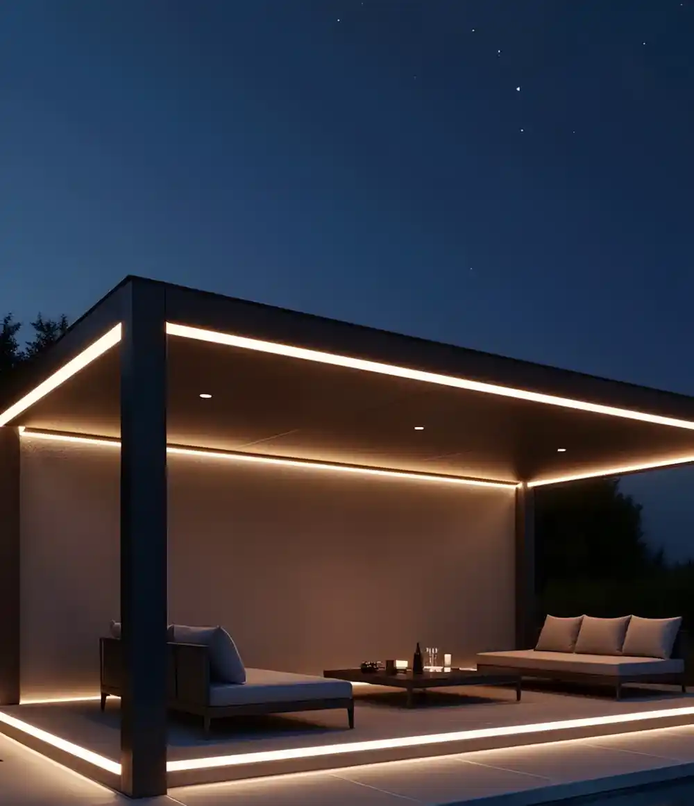 Kocaeli uzaktan kumandalı, LED aydınlatmalı, açılır-kapanır tavanlı modern pergola tente sistemi.