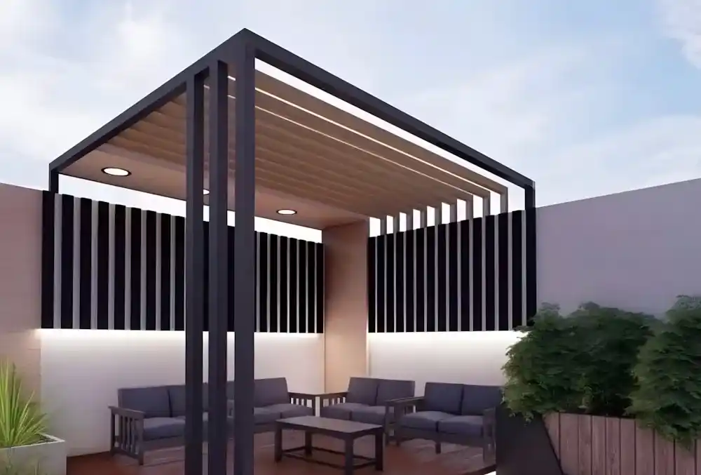 Kocaeli uzaktan kumandalı, LED aydınlatmalı, açılır-kapanır tavanlı modern pergola tente sistemi.