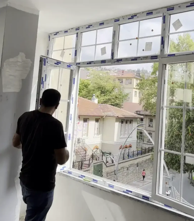 Kocaeli İzmit Tepecik'te, Kocaeli PEN ustasının montajını tamamladığı, içi dekoratif karolaj çıtalı, şehir manzaralı, beyaz Egepen Tepecik Pimapen Montajı pencere sistemi.