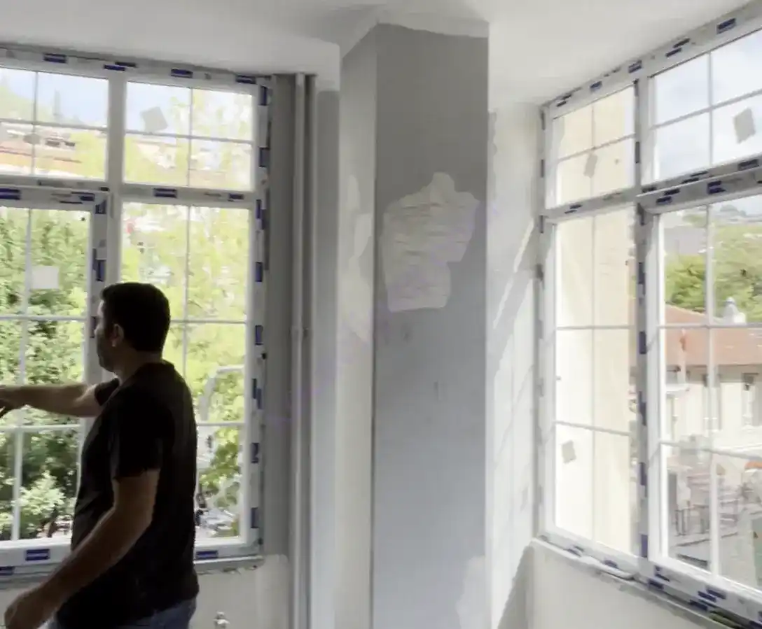 Kocaeli İzmit Tepecik'te, Kocaeli PEN ustasının montajını tamamladığı, içi dekoratif karolaj çıtalı, şehir manzaralı, beyaz Egepen Tepecik Pimapen Montajı pencere sistemi.